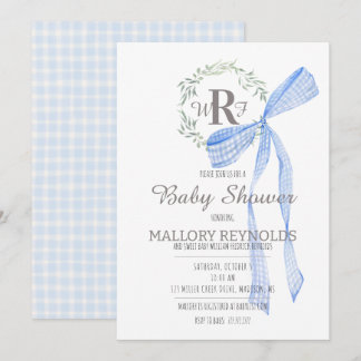 Boy Baby Shower Invitación Monograma y Gingham Bow