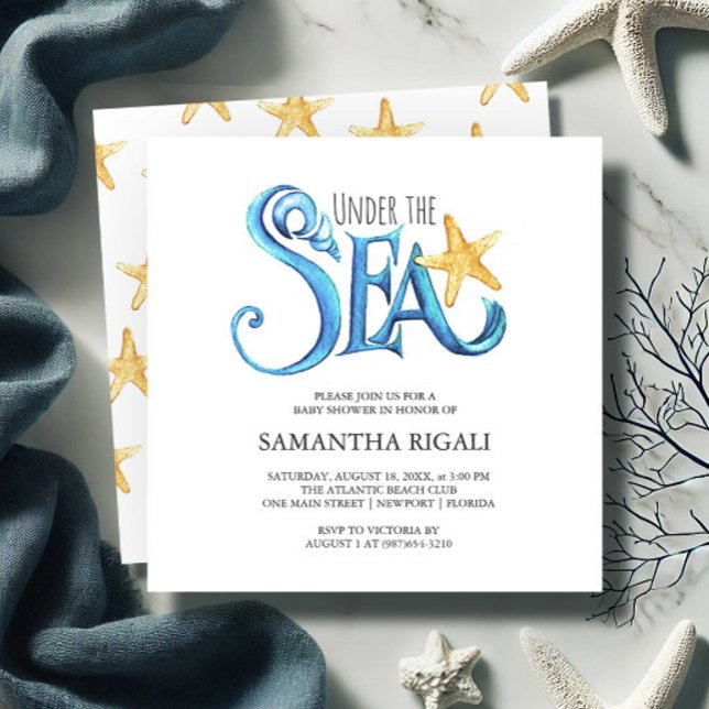 Boy Baby Shower Invitaciones Watercolmo Starfish (Boy baby shower invitations under the sea theme blue and orange watercolor art Victoria Grigaliunas)
