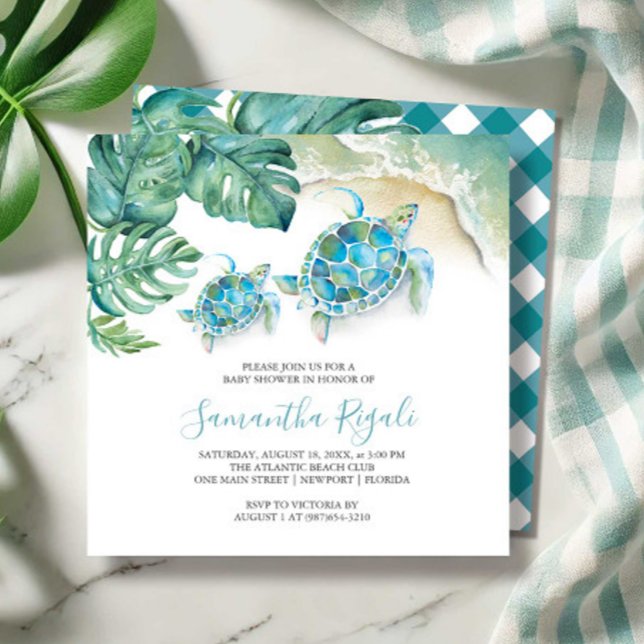 Boy Baby Shower Invitaciones Watercolor tropical (boy baby shower watercolor sea turtle tropical beach art by Victoria Grigaliunas Do Tell A Belle)