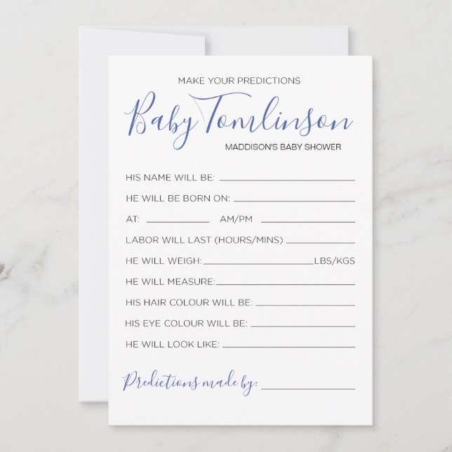 Boy Baby Shower Predicciones Adivinar Tarjeta de J (Anverso)