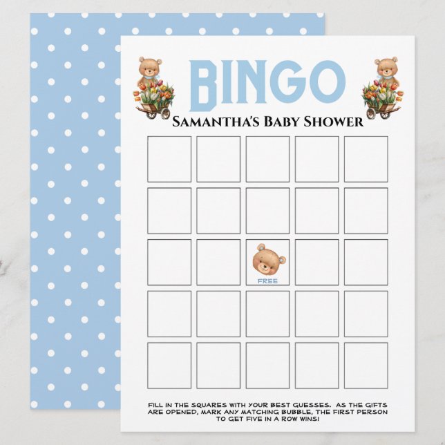 Boy Baby Shower Teddy Floral Blue Bingo Invitación (Anverso / Reverso)