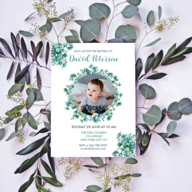Boy Baptism Floral Verde azulado Invitación de la  (Boy Baptism Floral Teal Blue Wreath Invitation)