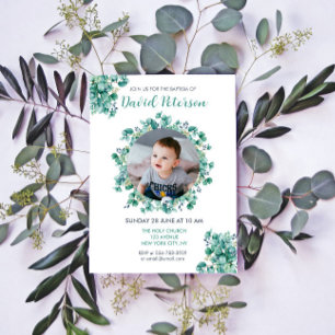 Boy Baptism Floral Verde azulado Invitación de la 