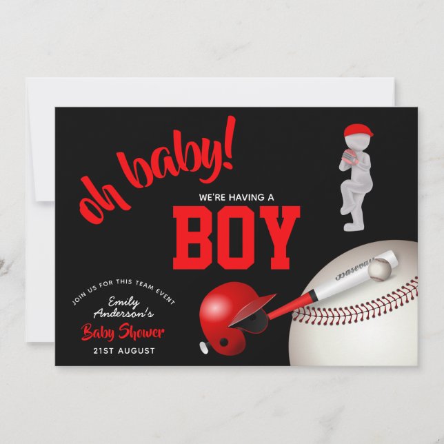 BOY Béisbol Baby Shower Invitaciones Red Black (Anverso)