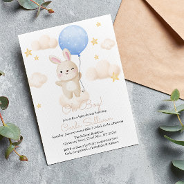Boy Blue Balloon Cute Bunny Invitación Baby Shower