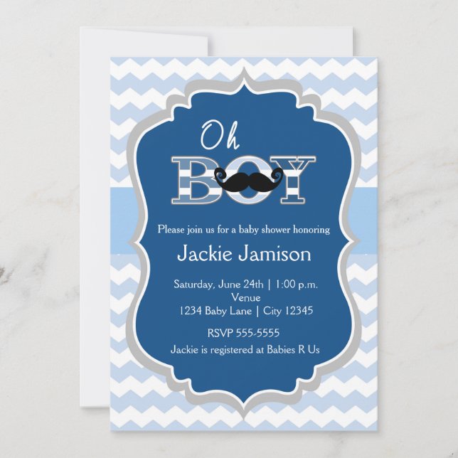 Boy Blue Mustache Chevron Invitación a Baby Shower (Anverso)