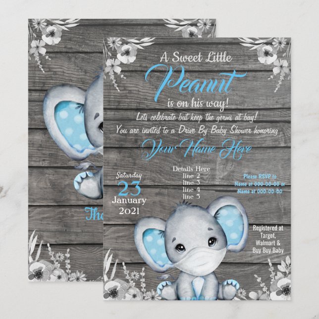 Boy Elephant Drive by Baby Shower Invitación azul (Anverso / Reverso)