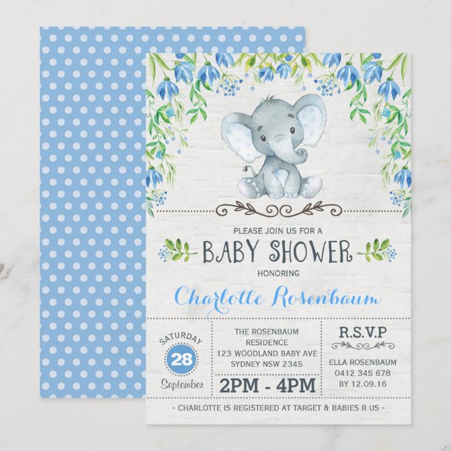 Boy Elephant Invitación Baby Shower Floral Azul (Anverso / Reverso)
