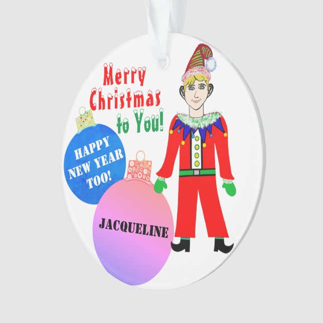 Boy Elf Navidades NOMBRAN Ornamentos Rosa Azul (Anverso)
