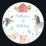 Boy Farm Barnyard Birthday Classic Round Pegatina<br><div class="desc">Estos bonitos pegatinas de cumpleaños incluyen animales de granja acuáticas con globos coloridos y confetti colorido.</div>