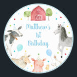 Boy Farm Barnyard Birthday Classic Round Pegatina<br><div class="desc">Estos bonitos pegatinas de cumpleaños incluyen animales de granja acuáticas con globos coloridos y confetti colorido.</div>