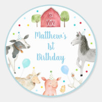Boy Farm Barnyard Birthday Classic Round Pegatina