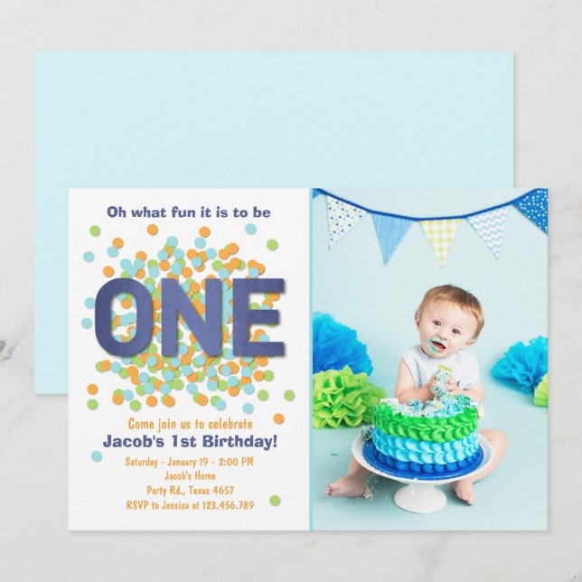 Boy First Birthday Invitación Confetti ONE azul (Anverso / Reverso)