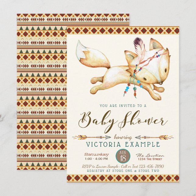 Boy Fox Tribal Aztec Baby Shower Invitaciones (Anverso / Reverso)