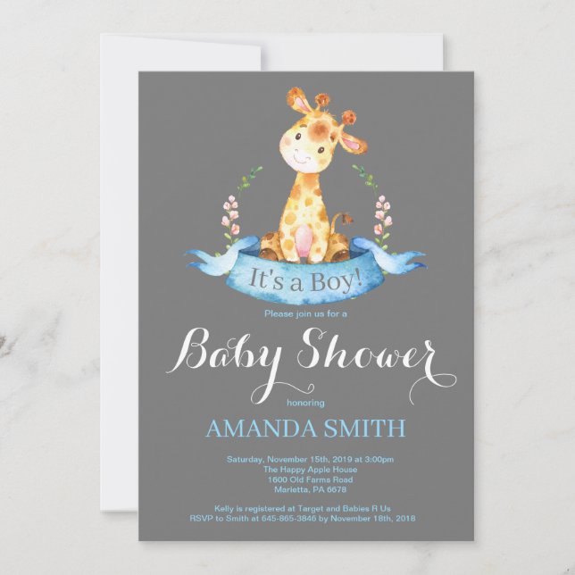 Boy Giraffe Baby Shower Invitación azul y gris (Anverso)