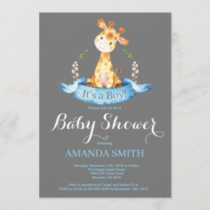 Boy Giraffe Baby Shower Invitación azul y gris