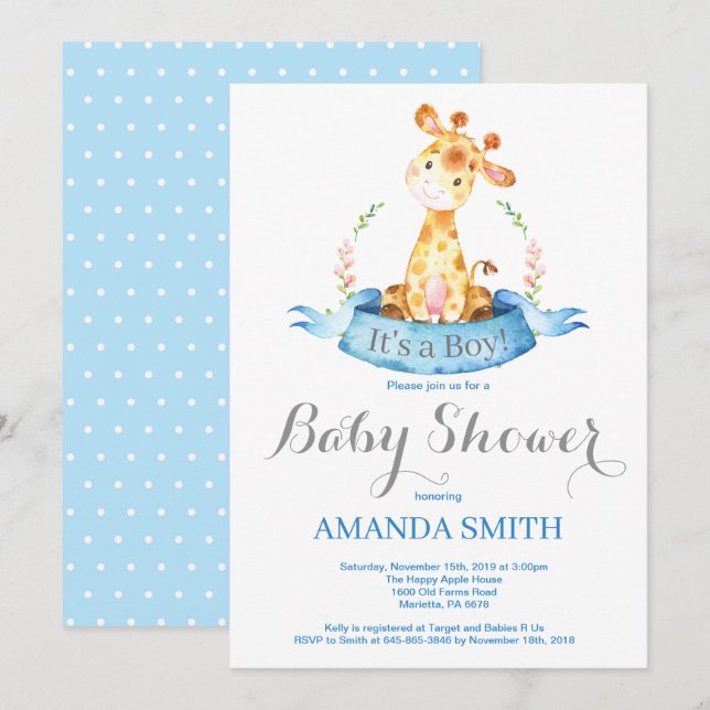 Boy Giraffe Baby Shower Invitación azul y gris (Anverso / Reverso)