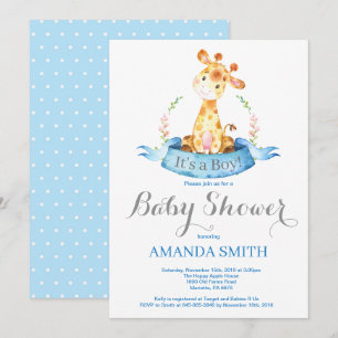 Boy Giraffe Baby Shower Invitación azul y gris