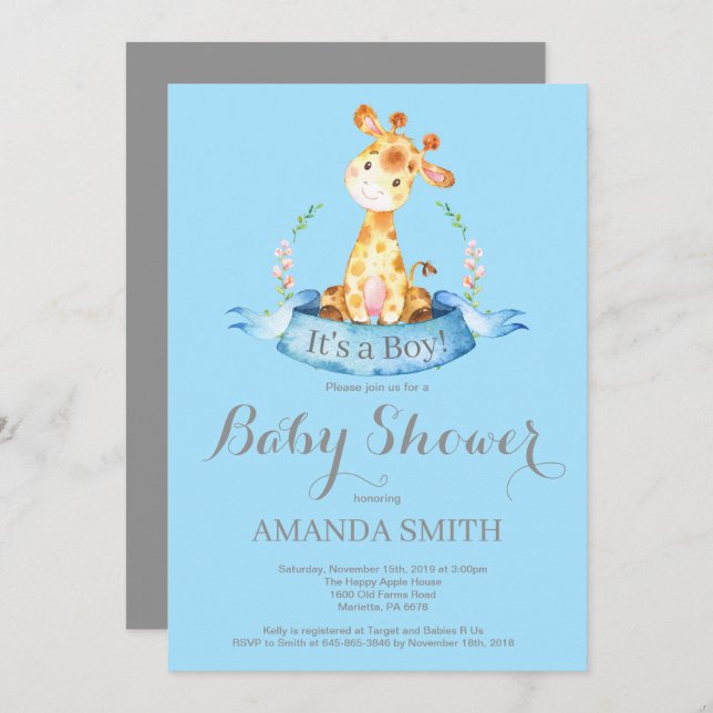 Boy Giraffe Baby Shower Invitación azul y gris (Anverso / Reverso)