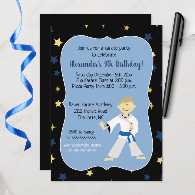 Boy Karate Invitaciones de cumpleaños Cinturón Azu (Karate Birthday Invitation for a Boy)