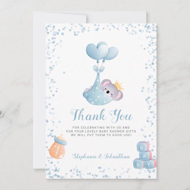 Boy Koala Bear Blue Gracias Tarjeta Baby Shower (Anverso)
