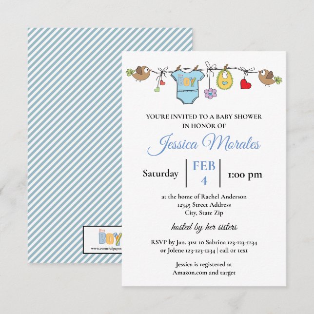 Boy Laundry - Invitación para Baby Shower 3x5 (Anverso / Reverso)