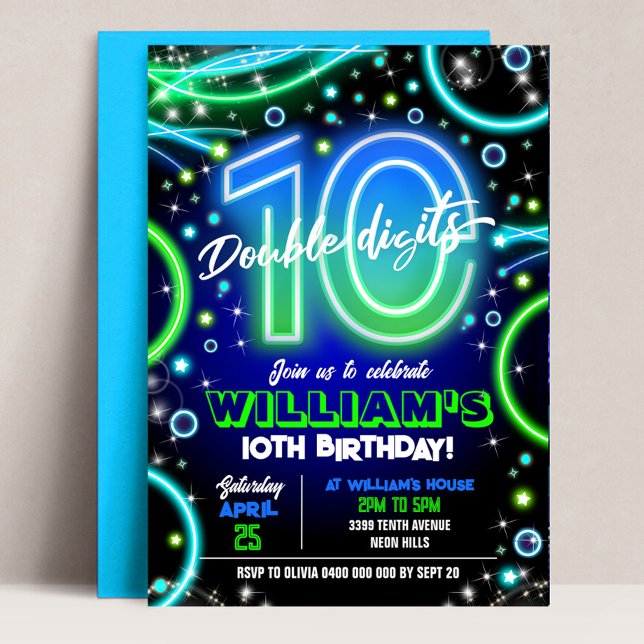 Boy Neon 10° Dígitos dobles de invitación por cump (Neon 10th Birthday Invitation. Boy Double Digits invitation. Blue Green Neon 10th Birthday Party)