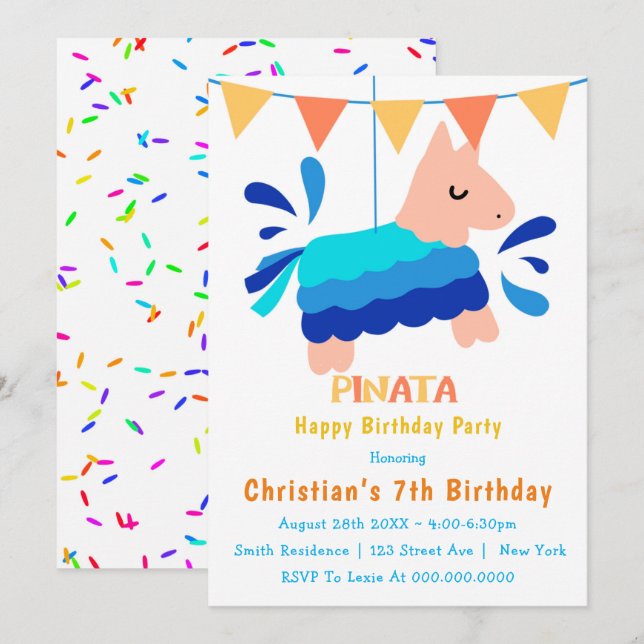 Boy Piñata 7 invitaciones de cumpleaños (Anverso / Reverso)