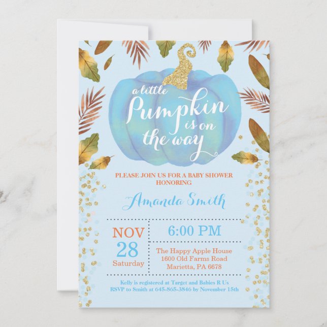 Boy Pumpkin Cae Invitación a Baby Shower Gold (Anverso)