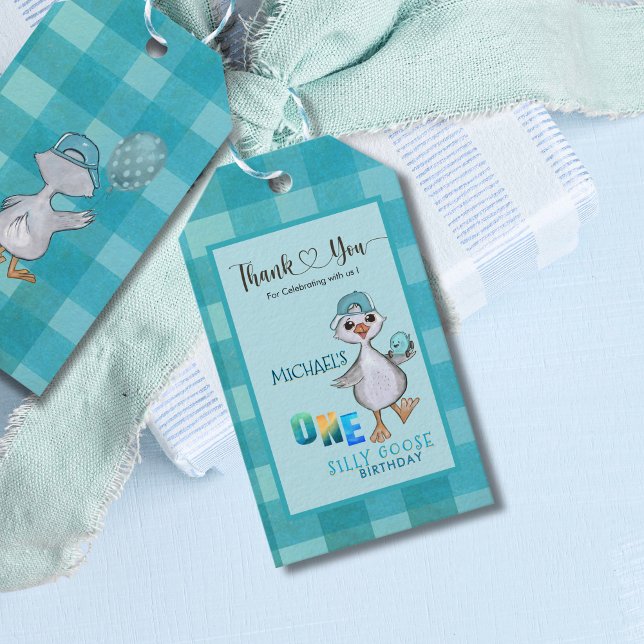 Boy Silly Goose 1er cumpleaños etiqueta de regalo  (Boy Silly Goose 1st Birthday Blue Plaid Gift Tag)