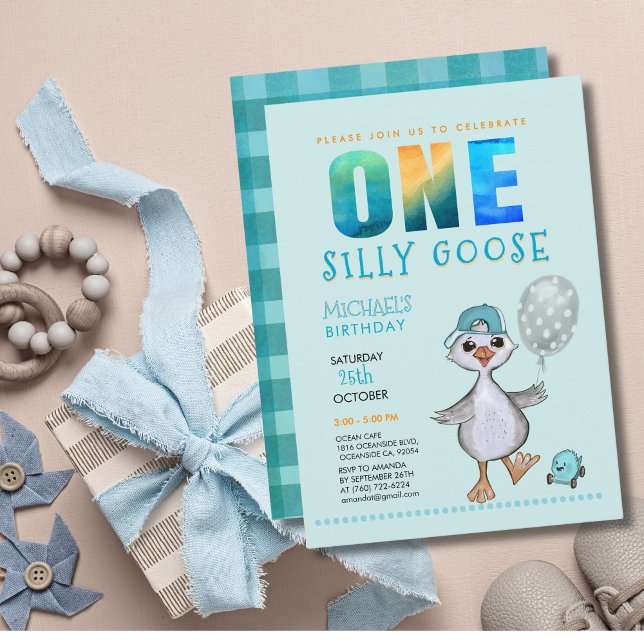 Boy Silly Goose Primer cumpleaños Invitación de la (Boy Silly Goose 1st Birthday Blue Plaid Invitation)