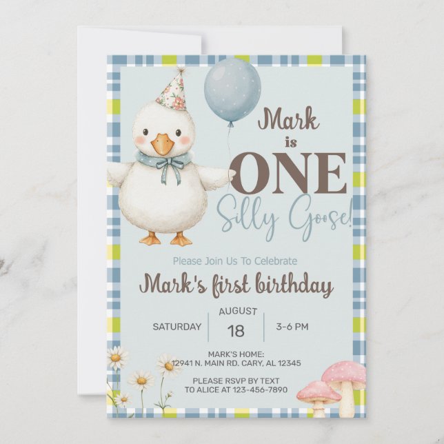 Boy Silly Goose primera invitación de cumpleaños,  (Anverso)
