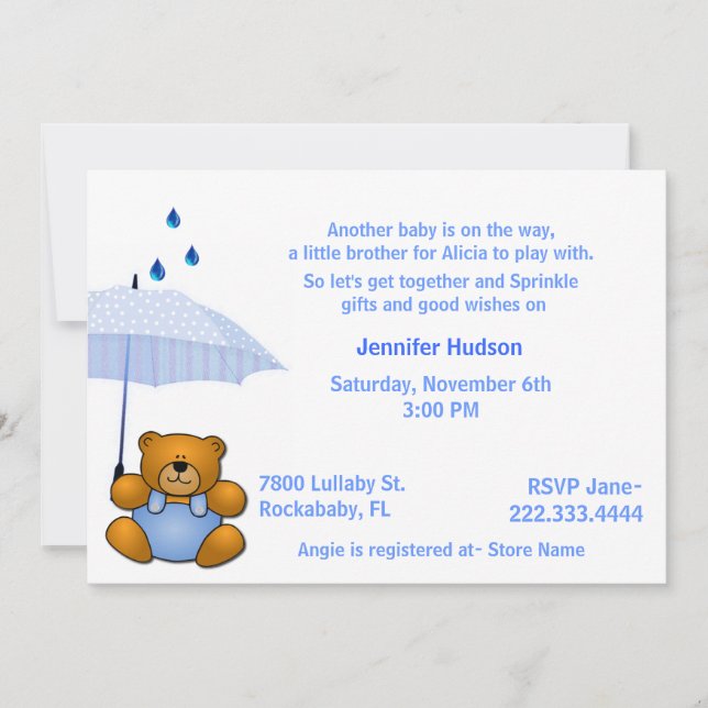 Boy Teddy Bear Bebé Sprinkle Ducha Invitación (Anverso)