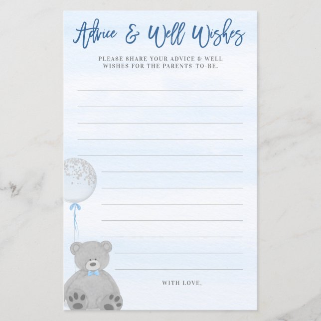 Boy Teddy Bear Blue Gray Balloon Bebé Tarjeta de C (Anverso)