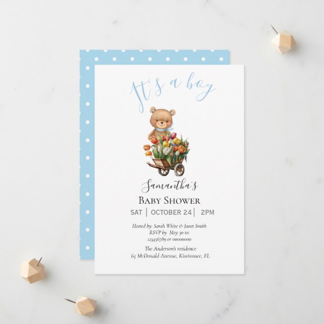 Boy Teddy Bearly Wait Blue Floral Invitación (Anverso/Reverso In Situ)