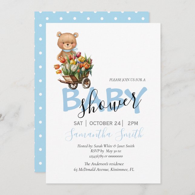 Boy Teddy Blue Rustic Floral Baby Invitación (Anverso / Reverso)