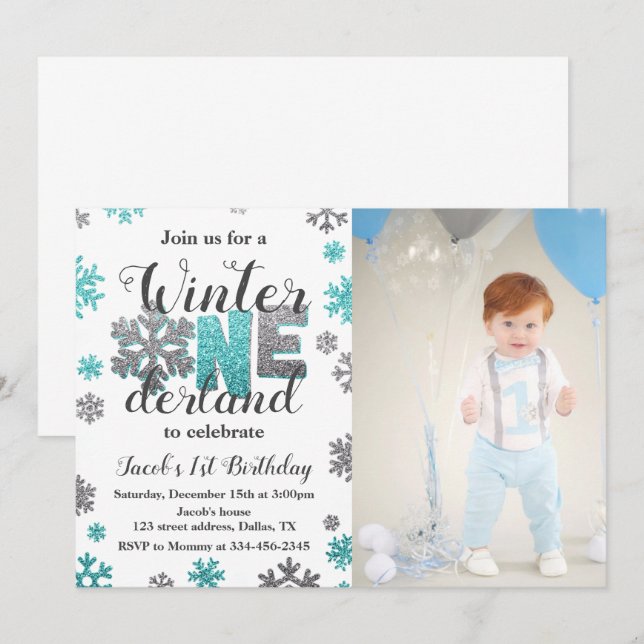 Boy Winter ONEderland foto de invitación al cumple (Anverso / Reverso)