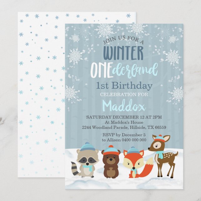 Boy Winter Onederland Primera Invitación de Cumple (Anverso / Reverso)