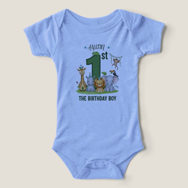 Boy's Blue Jungle Safari 1st Birthday Bodysuit (Diseño delantero )