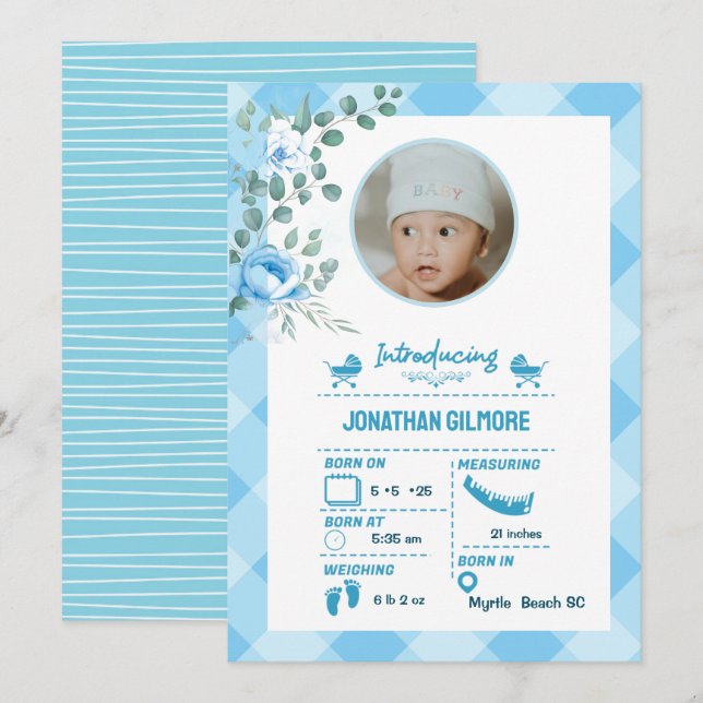 Boys Blue Photo Birth Stats Invitación (Anverso / Reverso)