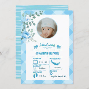 Boys Blue Photo Birth Stats Invitación