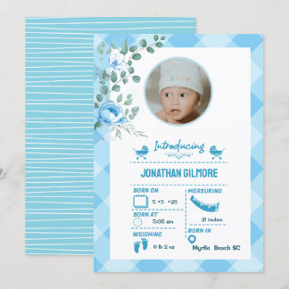 Boys Blue Photo Birth Stats Invitación