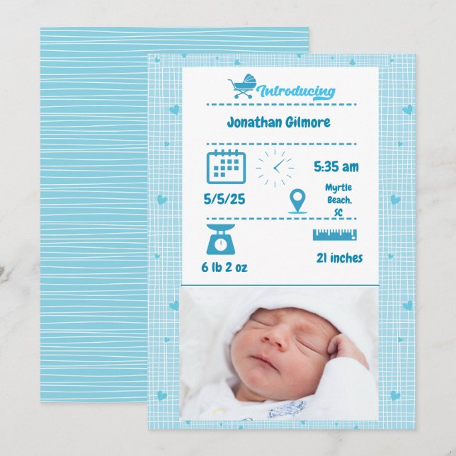 Boys Blue Photo Birth Stats Invitación (Anverso / Reverso)