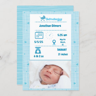 Boys Blue Photo Birth Stats Invitación