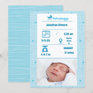 Boys Blue Photo Birth Stats Invitación