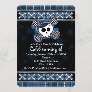 Boys Blue Plaid Skull Crossbone invitaciones de fi