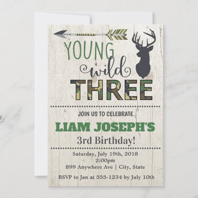Boys Camo Deer 3er cumpleaños invitación (Anverso)