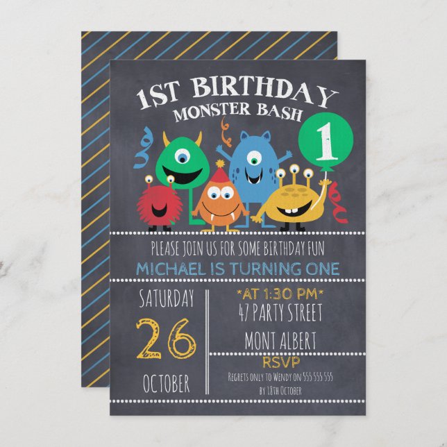 Boys Chalkboard Monsters 1st Birthday Invitación (Anverso / Reverso)