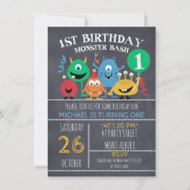 Boys Chalkboard Monsters 1st Birthday Invitación