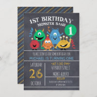 Boys Chalkboard Monsters 1st Birthday Invitación
